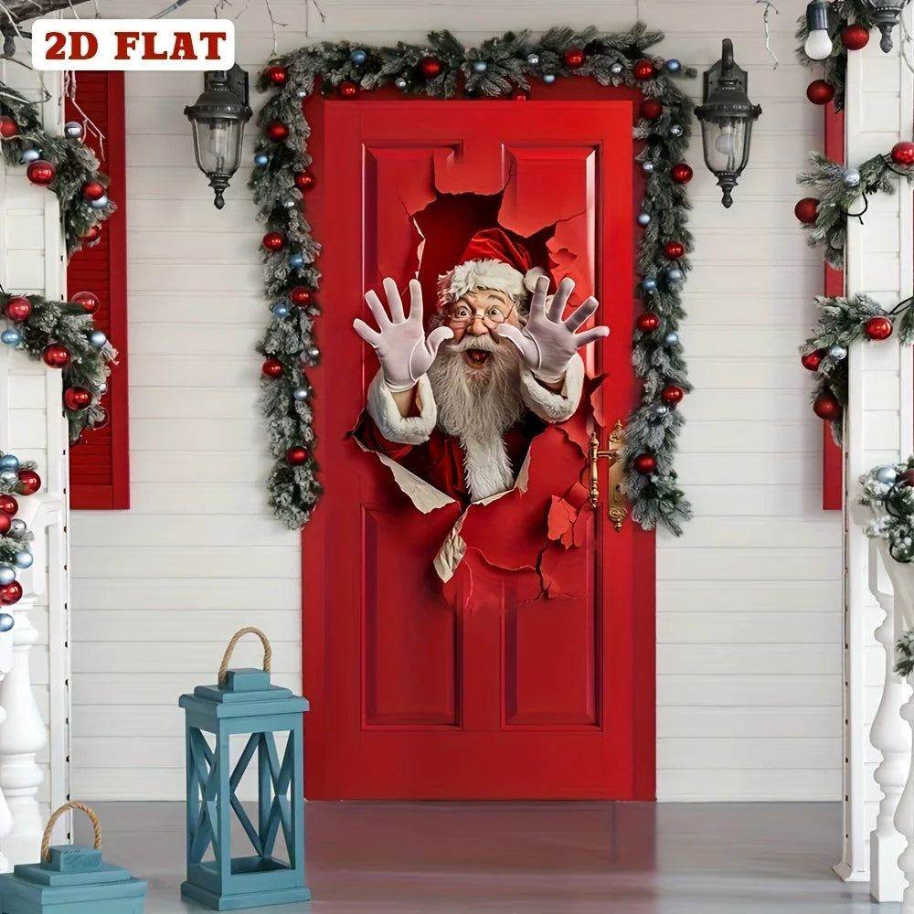 Christmas Door Hanging Banner, 2D Santa Claus Polyester Backdrop with Fun Christmas Designs, Festive Party Wall Decor for Home, Garden, Entryway & Holiday Celebrations