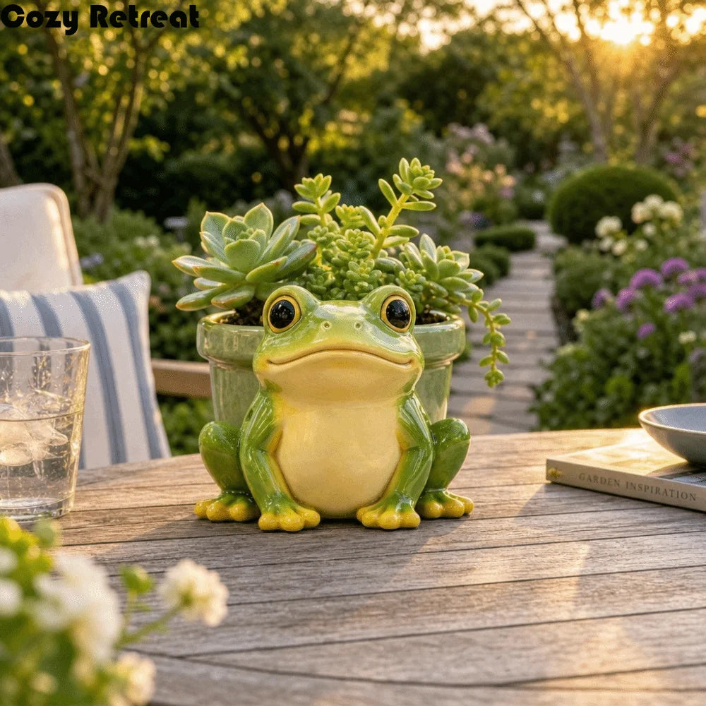 Cute Frog Resin Flower Pot, Funny Animal Succulent Planter & Decorative Sculpture, Small Green Plant Holder and Pencil Holder for Garden, Balcony, Terrace, Home & Office