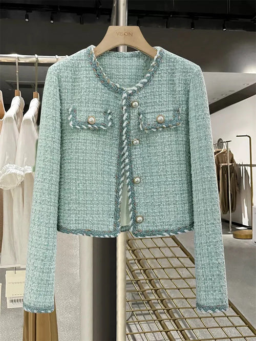 Women Elegant Tweed Jackets Chic O-neck Long Sleeve Tops New Autumn