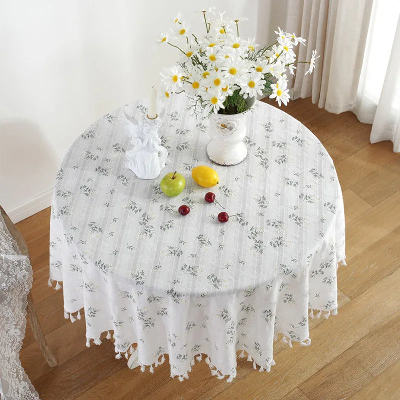 Round Floral Cotton Tablecloth with Tassel Edge, 100% Cotton Reusable Table Cover, Handmade Circular Dining Table Decor for Kitchen, Farmhouse, Wedding, Party & Home