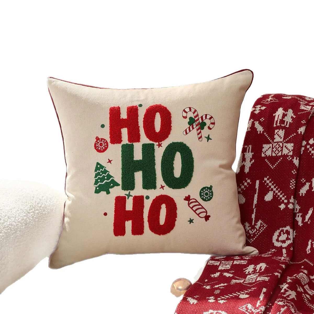 Christmas Embroidered Cushion Cover, Red “HO HO HO” Snowflake & Gingerbread Man Pillowcase, Festive Holiday Throw Pillow Cover for Sofa, Chair & Home Decor
