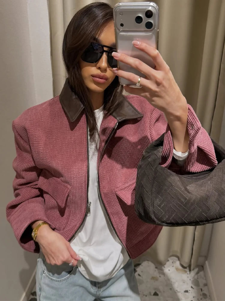 Women’s Pink Loose Fit Casual Jacket – Spring Streetwear Outerwear