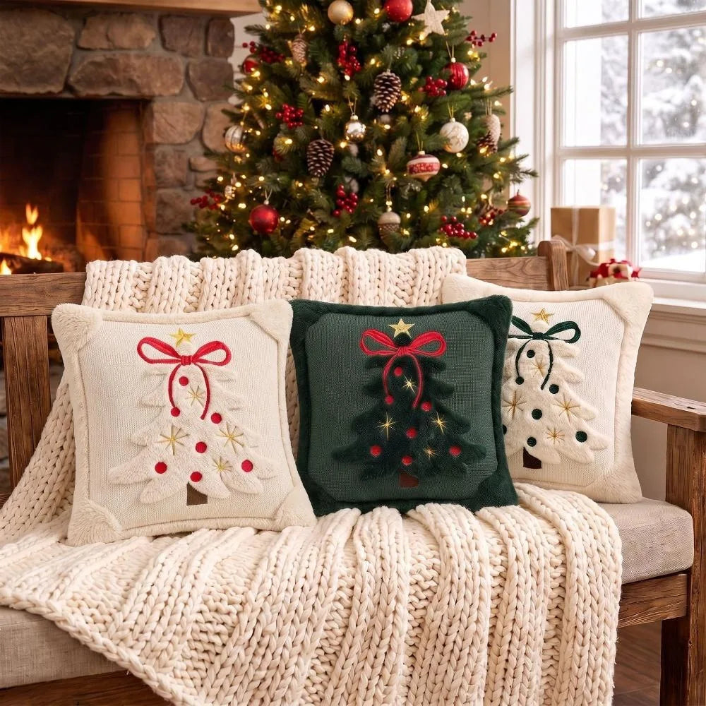 Christmas Tree Cushion Covers with 3D Embroidered Bow & Star, Soft Plush Velvet-Style Pillowcases, Festive Holiday Throw Pillow Covers for Sofa, Bed & Home Decor