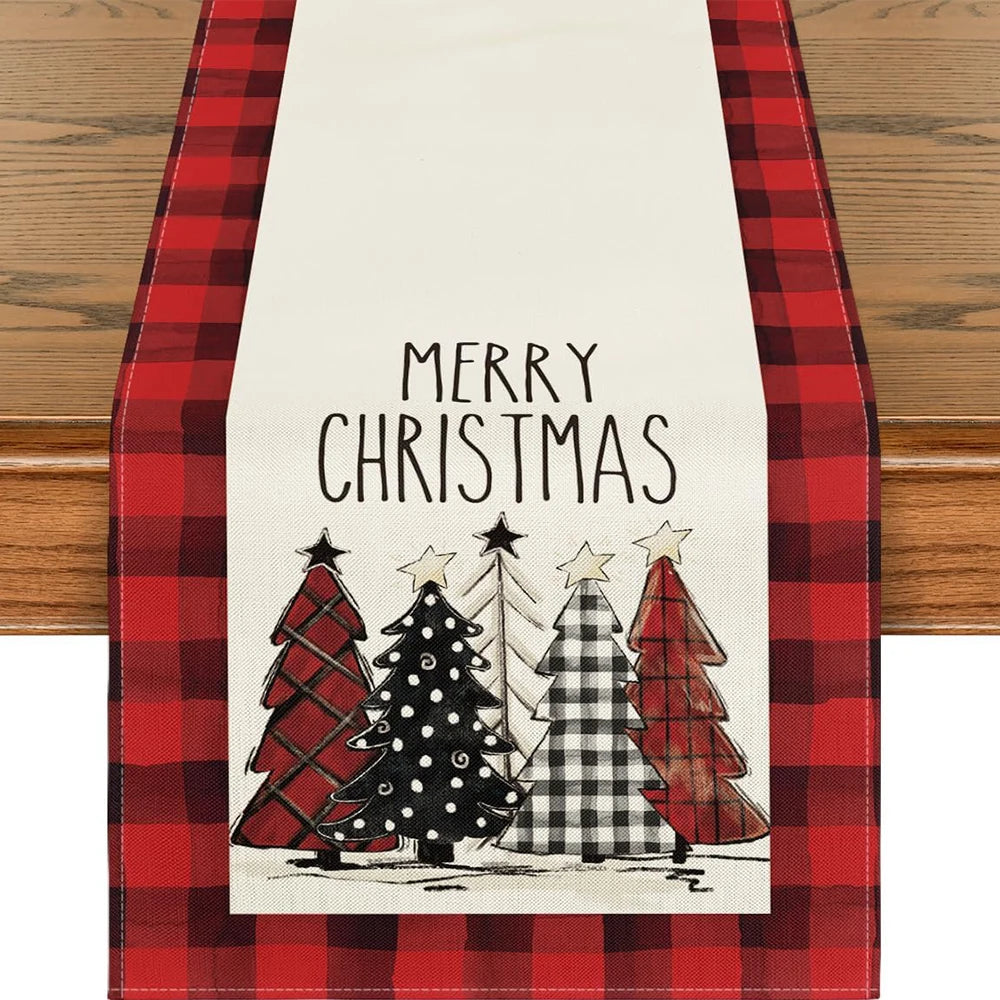 Christmas Table Runner with Santa & Snowman Design, Festive Holiday Dining Table Decor for Christmas & New Year, Cartoon Winter Table Cover for Home, Party & Celebration
