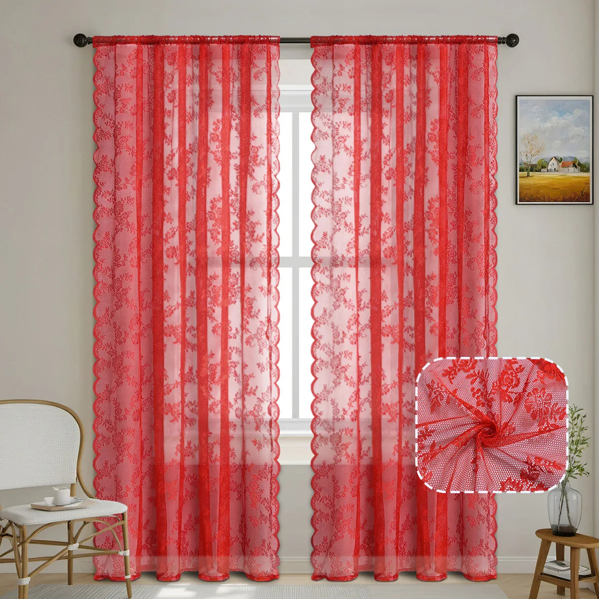 Floral Lace Curtains 1–2 Panels, Botanical Embroidered Semi-Sheer Window Curtains with Scalloped Edge, Vintage Romantic Decor for Living Room, Bedroom & Bay Window