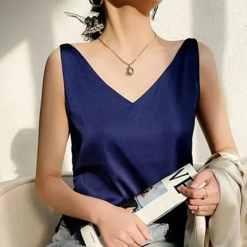 Tank Tops for Women Sleeveless V Neck Satin Silk Camisole Fashion Summer Solid Loose Vest Ladies Tops Streetwear