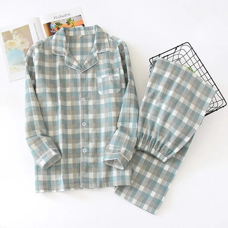 Couple's 100% Cotton Pajamas Two-piece Set Long Sleeved Pants Simple Plaid Print Pajamas Homewear Sleepwear for Women and Men