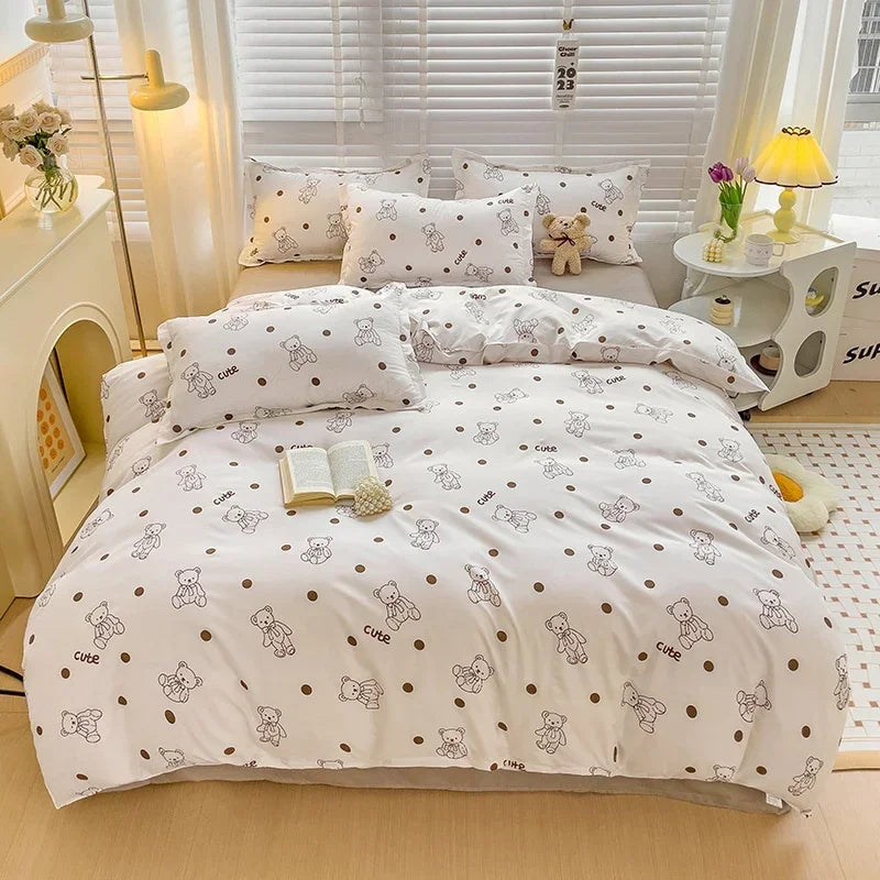 Cute Bunny Kids Bedding Set – Cartoon Printed Polyester Duvet Cover, Flat Sheet & Pillowcases, Breathable Queen & King Bed Set
