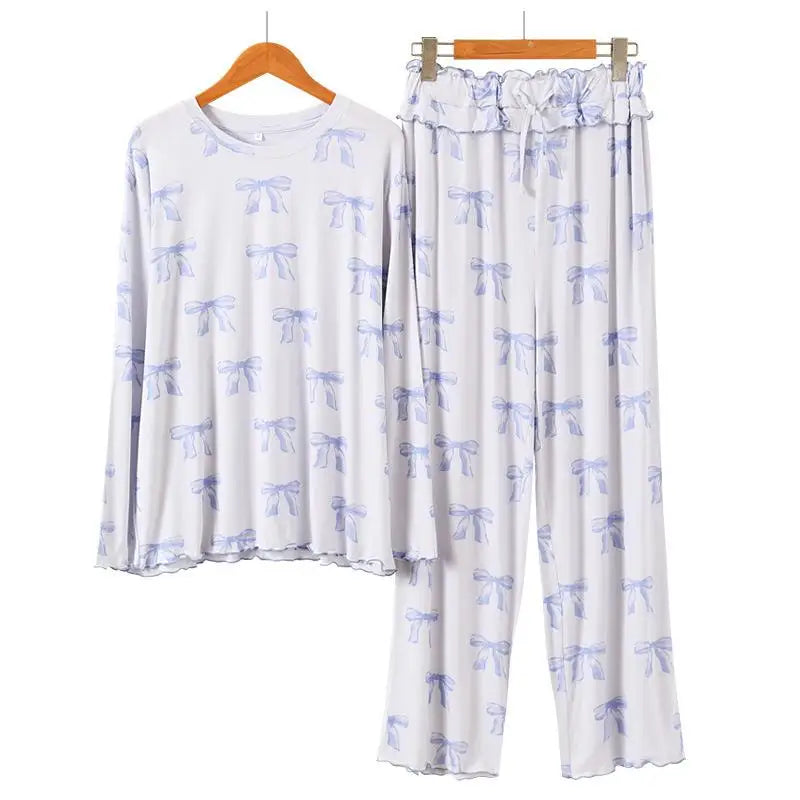 ComfortableJapanese Style Pajamas Soft Modal Sleepwear Long Sleeve/Straps Pants Home Clothes Suit Sweet Bow Print Loungewear