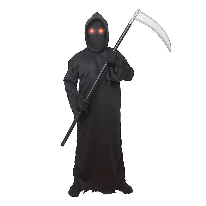 Halloween Grim Reaper Horror Costume Black Hooded Cloak Style Eerie Ghost Robe Costume Red Eye Flashing Role-Playing Set