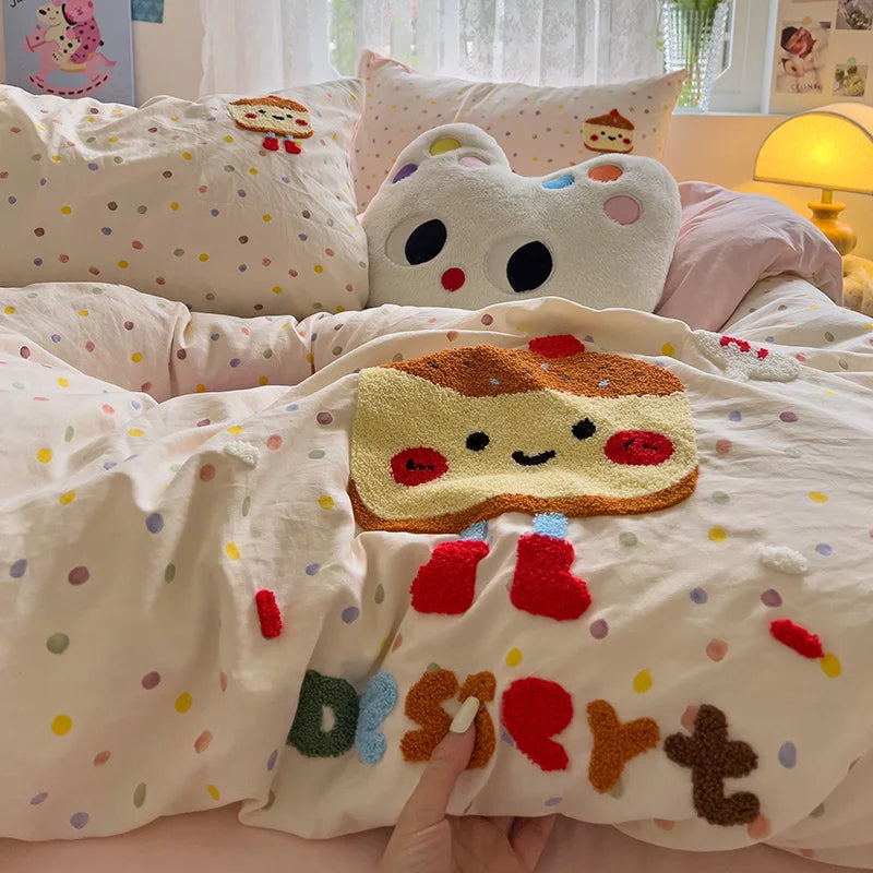 Cute Cartoon Animal Embroidery Bedding Set – 4-Piece Washed Polyester Jacquard Duvet Cover, Flat or Fitted Sheet & Pillowcases