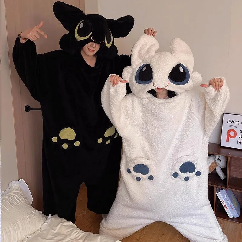 Cartoon Couples Matching Thiened Coral Fce Pajamas Spwear Women's Long Sve Hooded Home Clothes Warm Flannel Onesize Cos Costumes