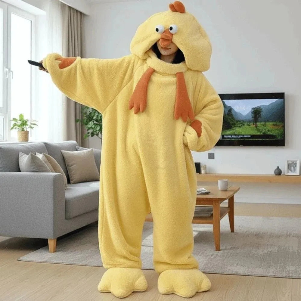 Kawaii Jumpsuits Cartoon Chicken Pajamas Funny Home Wear Coral Fleece Nightwear Warm Long Sleeve Cute Sleepwear Women Home