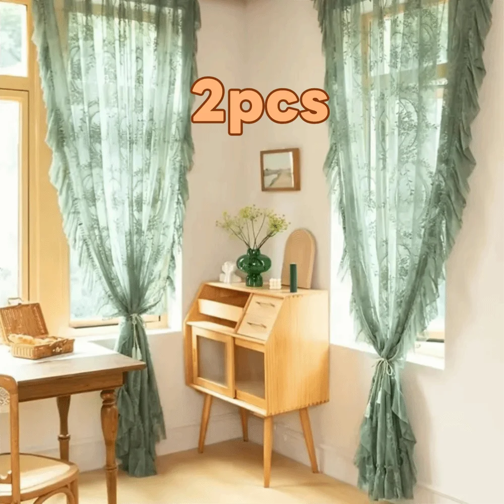 2-Piece French Lace Sheer Curtains, Ruffled Edge Floral Embroidered Polyester Curtains, Rustic Retro European Window Drapes for Bedroom, Living Room & Home Decor
