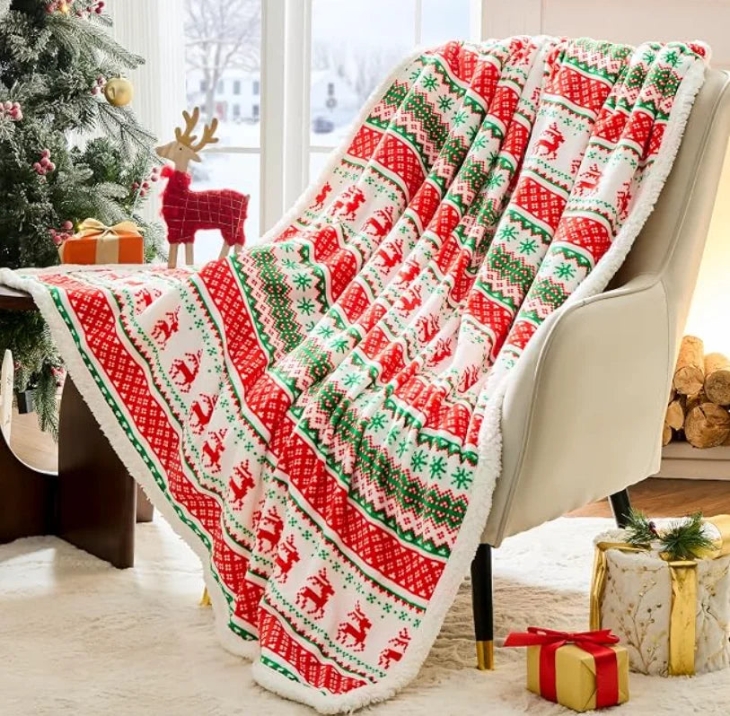 Christmas Throw Blanket, Soft Sherpa & Flannel Fleece Holiday Blanket with Cartoon Jacquard Design, Cozy Winter Throw for Sofa, Bed, Travel & Home Decor