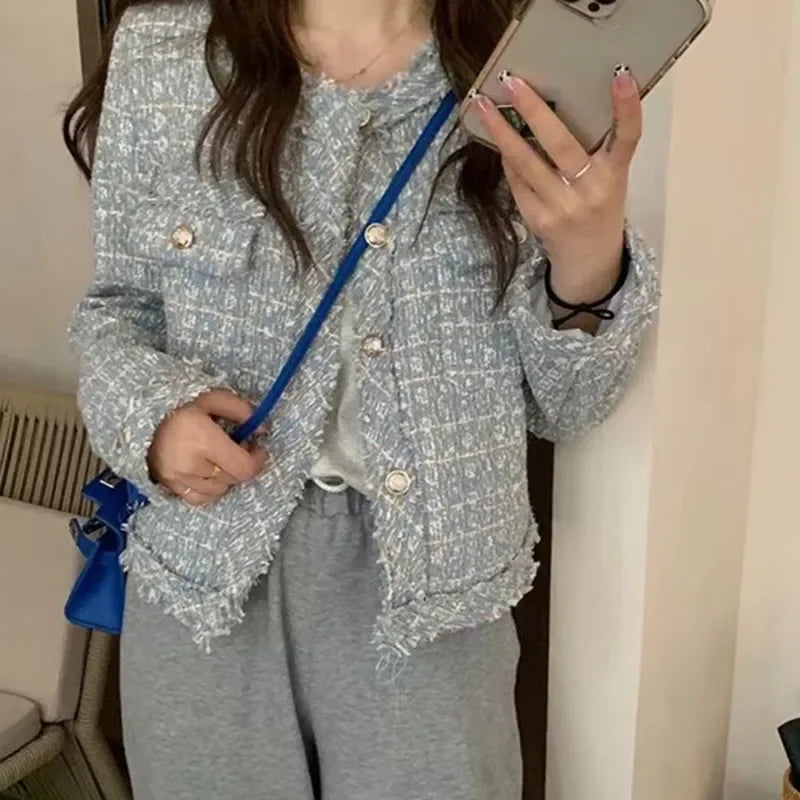 HJLZWB New Fashion Korean Chic Vintage Tweed Woolen Jacket Coat Women