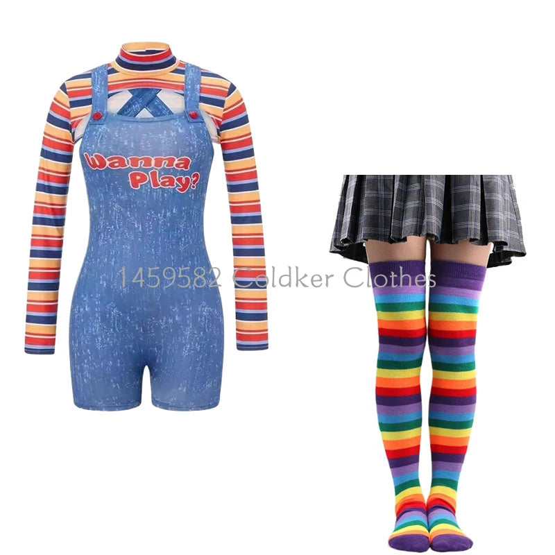 Halloween Costumes for Women Scary Nightmare Killer Doll Wanna Play Movie Character Chucky Doll Costume With Stockings