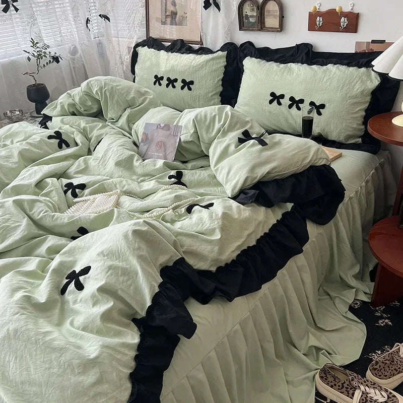 Black Bow Cotton Bedding Set – Princess Style Washed Cotton Duvet Cover with Embroidered Bow, Flat Sheet & Pillowcases