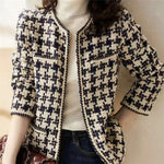 Women's Houndstooth Tweed Jacket - Black & Cream Collarless Cardigan Coat with Rope Trim