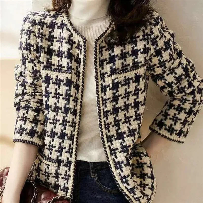 Women's Houndstooth Tweed Jacket - Black & Cream Collarless Cardigan Coat with Rope Trim