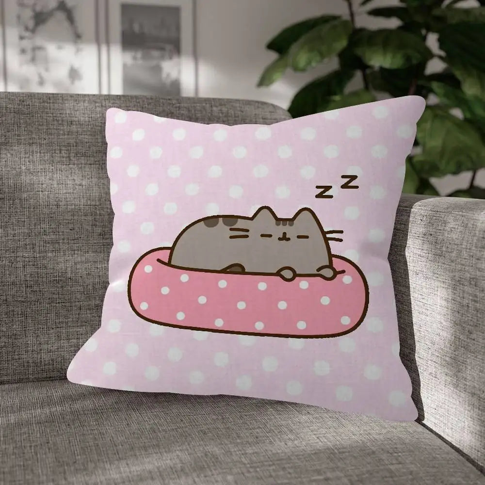 Pusheen Cartoon Cushion Cover, Cute Anime Printed Polyester Pillowcase, Decorative Throw Pillow Cover for Sofa, Bed, Bedroom, Kids’ Room & Home Decor