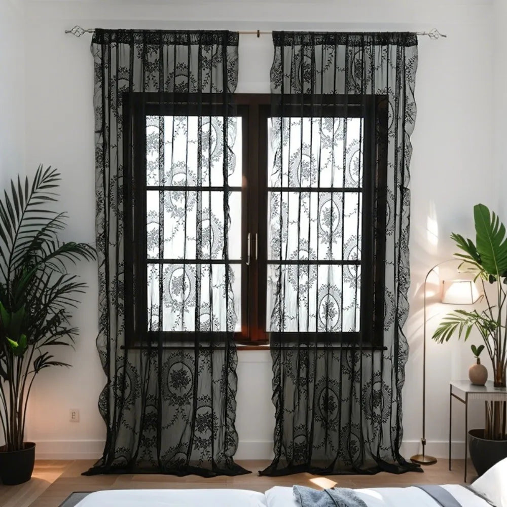 2-Piece French Lace Sheer Curtains, Ruffled Edge Floral Embroidered Polyester Curtains, Rustic Retro European Window Drapes for Bedroom, Living Room & Home Decor
