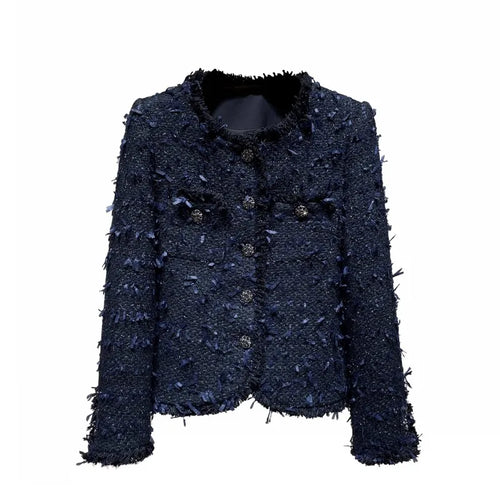 Elegant Women Autumn O Neck Diamonds Single Breasted Tweed Jacket