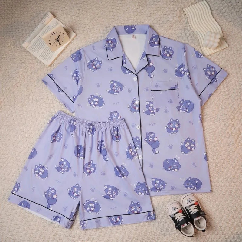Genshin Impact Cartoon Pajamas Sleepwear Pants Set Xiao Cute Cat Print Shorts Shirt Leisure Home Clothes Women Men Summer Suit