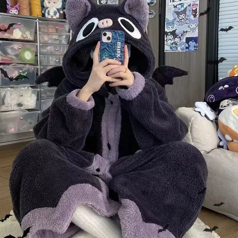 Winter Pajamas For Women Cartoon Hooded Long Robe Cute Nightgown Sleepwear Bat Animal Kawaii Flannel Warm Comfy Lounge Bathrobes