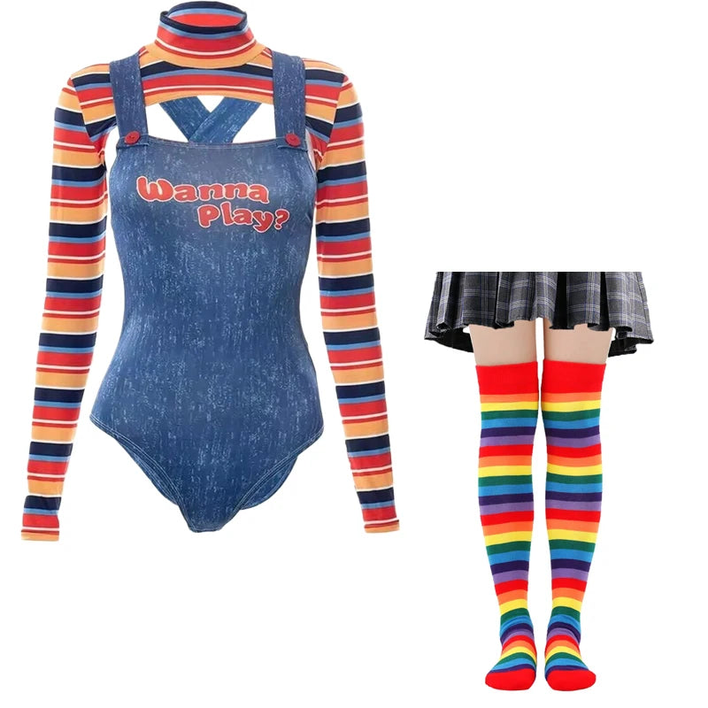 Halloween Costumes for Women Scary Nightmare Killer Doll Wanna Play Movie Character Chucky Doll Costume With Stockings