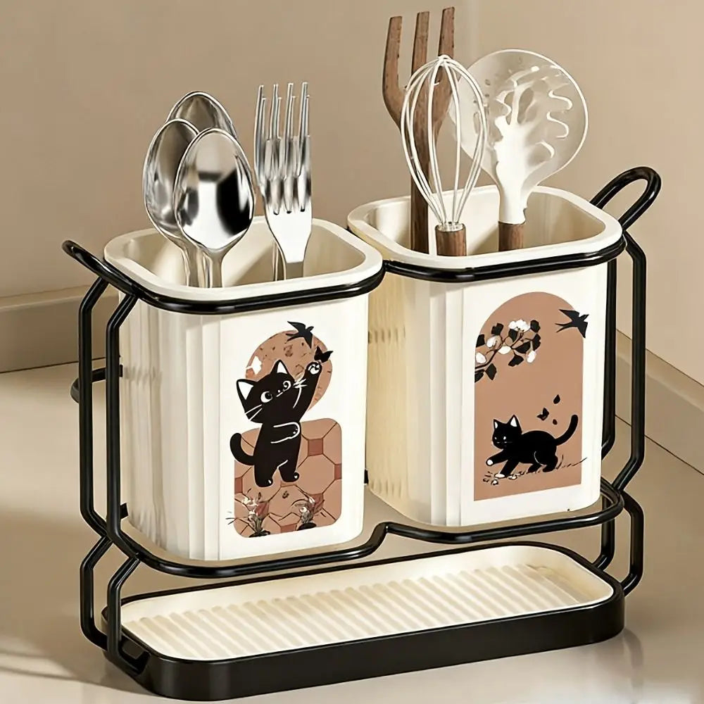 Cute Cat Kitchen Storage Basket Durable Organizer Cutlery Holder Standing No-drill Tableware Drainer Household