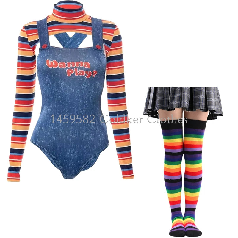 Halloween Costumes for Women Scary Nightmare Killer Doll Wanna Play Movie Character Chucky Doll Costume With Stockings