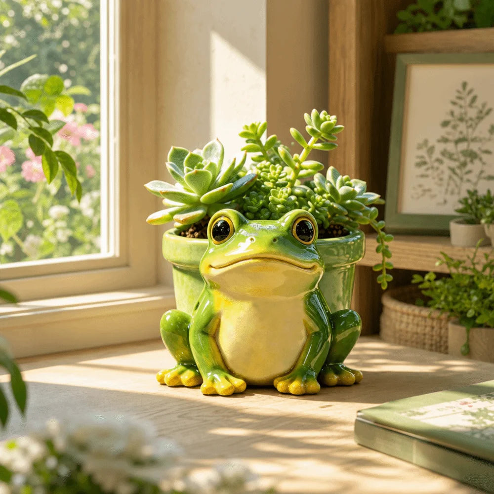 Cute Frog Resin Flower Pot, Funny Animal Succulent Planter & Decorative Sculpture, Small Green Plant Holder and Pencil Holder for Garden, Balcony, Terrace, Home & Office