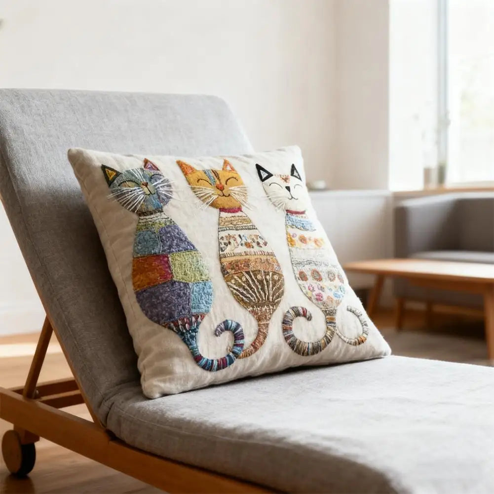 Cute Cat Pillow Cover 45×45cm, 2D Flat-Printed Animal Cushion Case with 3-Cat Patchwork Design, Soft Short Plush Throw Pillowcase for Sofa, Bed, Chair & Home Decor