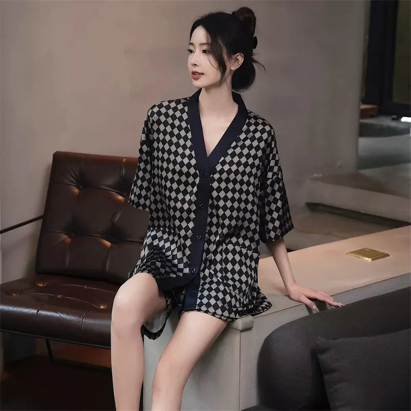 2026 Spring Autumn Fashion Square Couple Ice Silk Pajamas Women Short Sleeve Pants Two Piece Set Nightgown Sleepwear Homesuit