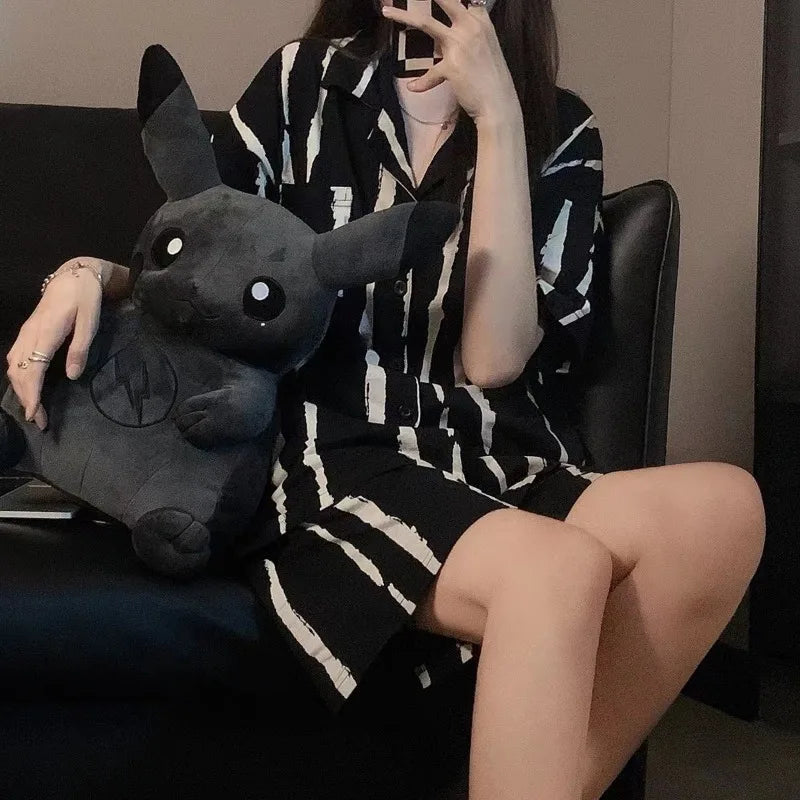 Pajamas Women Cartoon Cute Bear High Value Short Sleeve Loungewear Suit Cardigan Striped Sleepwear Large Plaid Ladies Nightwear