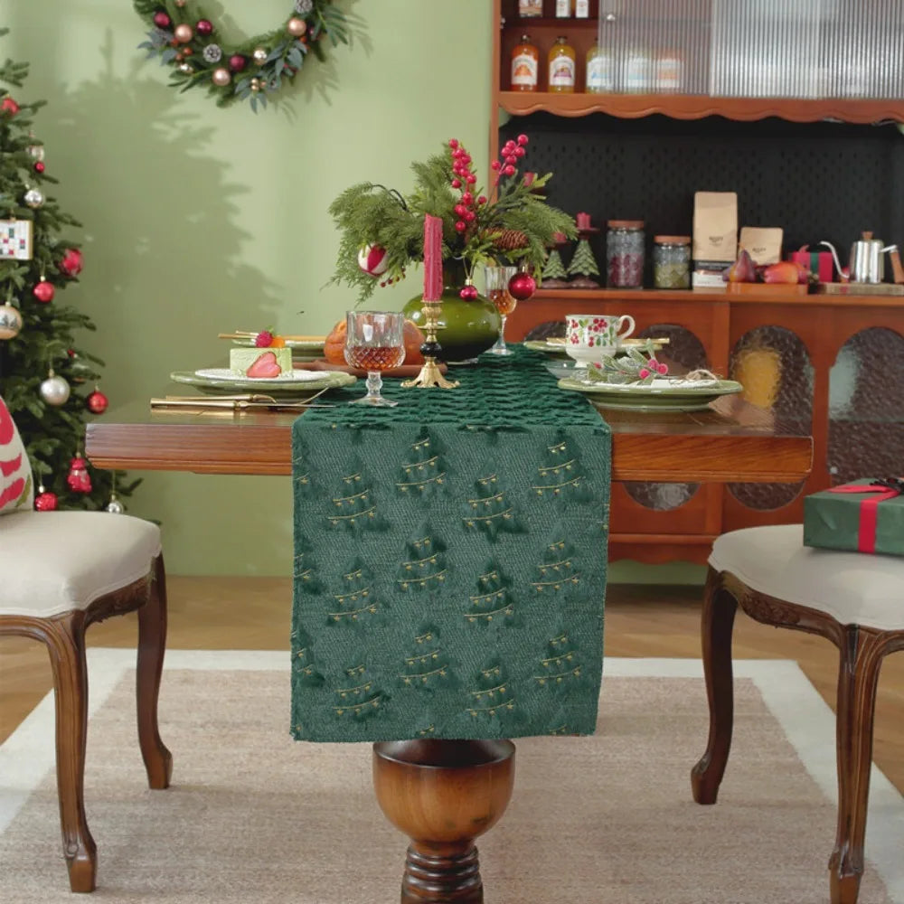 Christmas Tree Table Runner 33×183cm – Plush Embroidered & Embossed Holiday Tablecloth for Dining Table, Festive Home Decor