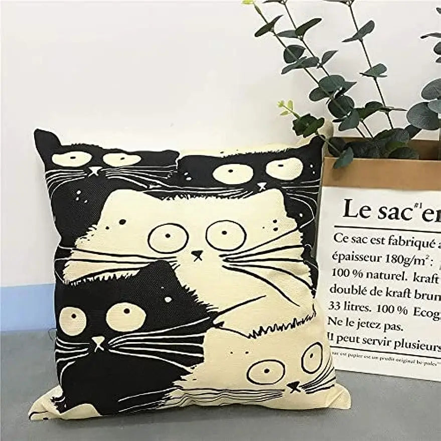 Cute Cat Linen Pillow Cover 45×45cm, Printed Square Decorative Cushion Case with Hidden Zipper, Linen-Cotton Sofa Pillowcase for Living Room, Bedroom, Chair & Home Decor
