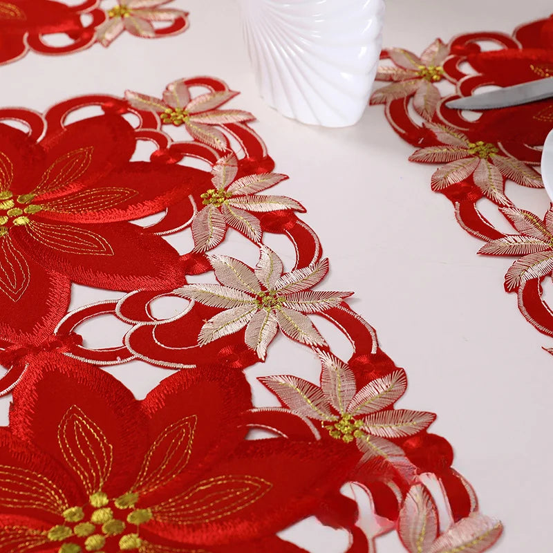 Christmas Embroidered Tablecloth Set, 28×43cm Rectangle Holiday Table Linens with Floral Design, Reusable Table Covers for Dining, Wedding, Party & Banquet Decor
