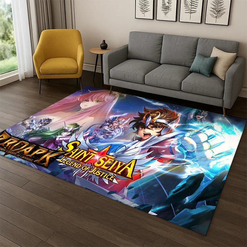Saint Seiya Anime Rug, Retro Cartoon Polyester Flannel Carpet with PVC Anti-Slip Backing, Tufted Floor Mat for Kids’ Playroom, Bedroom, Living Room & Home Decor