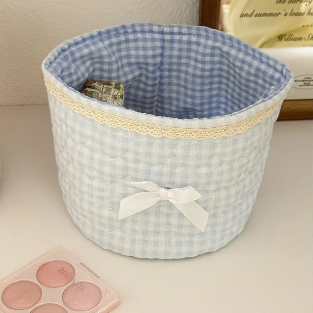 Cute Quilted Fabric Storage Basket – Foldable Round Desktop Organizer | Boho Home Decor