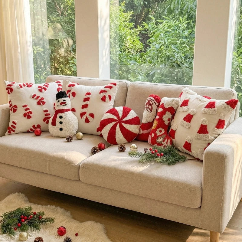3D Tufted Christmas Cushion Cover – Soft Embroidered Holiday Throw Pillow Case, Red & White Xmas Decor for Sofa, Couch & Car