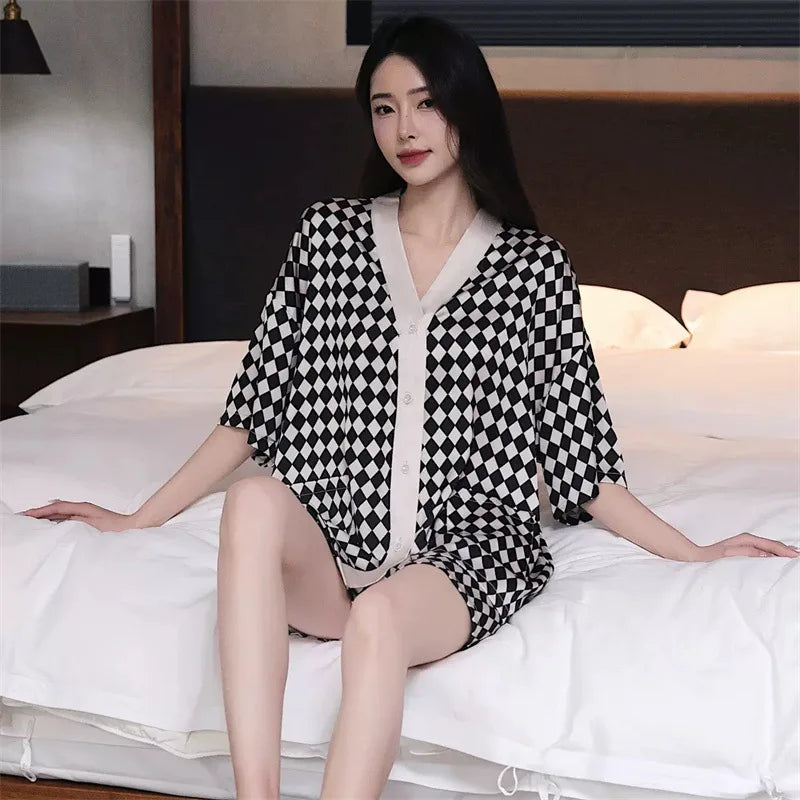 2026 Spring Autumn Fashion Square Couple Ice Silk Pajamas Women Short Sleeve Pants Two Piece Set Nightgown Sleepwear Homesuit