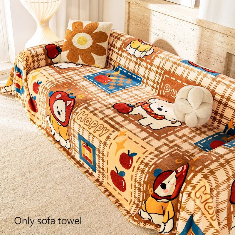 Cute Cartoon Sofa Cover for Fall & Winter, Thickened 100% Polyester Sofa Throw Blanket with Anti-Slip Design, Soft Couch Cover for Loveseat, Recliner, Futon & Modular Sofa