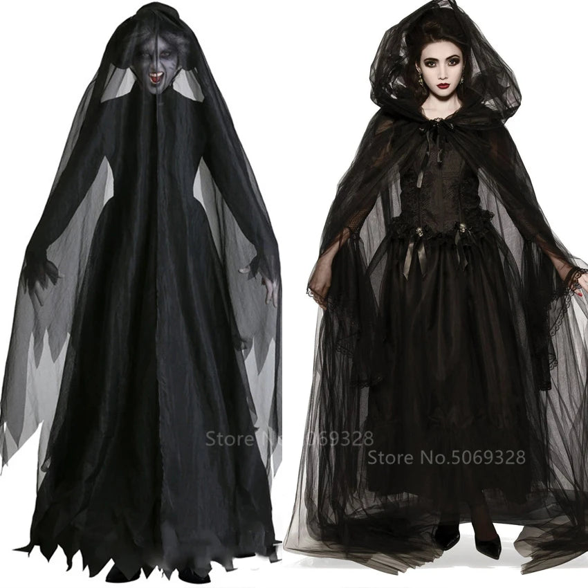 Witch Women Scary Zombie Vampire Halloween Costume Horror Spooky Ghost Sexy Dress+Colak Medieval Hooded Cape Day Of The Dead