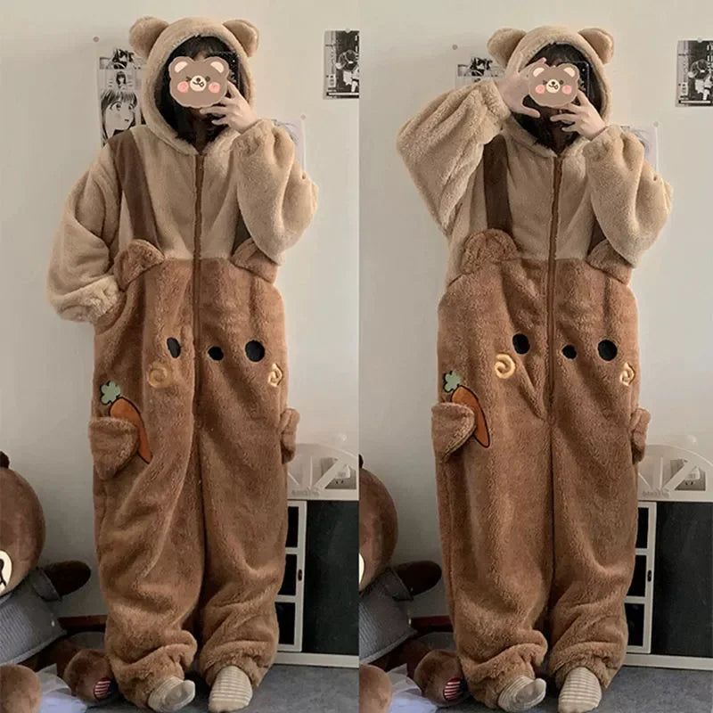 Thickened Winter Pajamas Onesie Coral Fleece Hooded Sleepwear for Cute Girls And Men Home Clothes Outdoor Wearable Cartoon Print