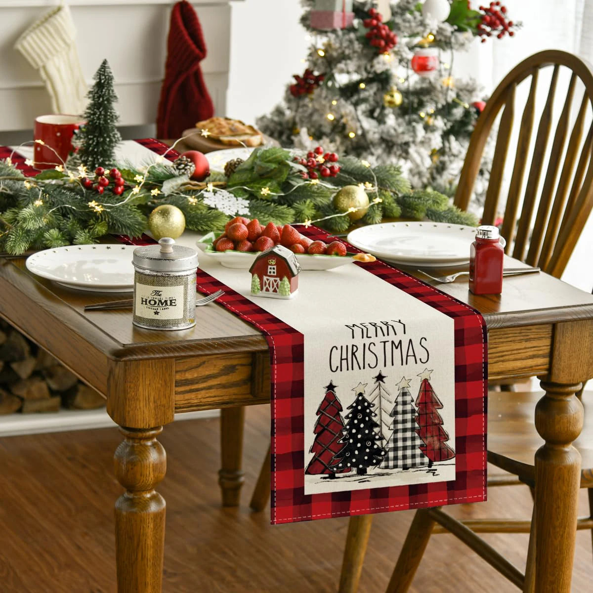 Christmas Table Runner with Santa & Snowman Design, Festive Holiday Dining Table Decor for Christmas & New Year, Cartoon Winter Table Cover for Home, Party & Celebration