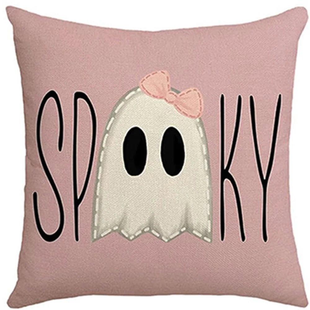 Pink Halloween Pillow Cover – Cute Ghost & Pumpkin Printed Cushion Case for Sofa, Couch & Bedroom, Spooky Holiday Decor Gift
