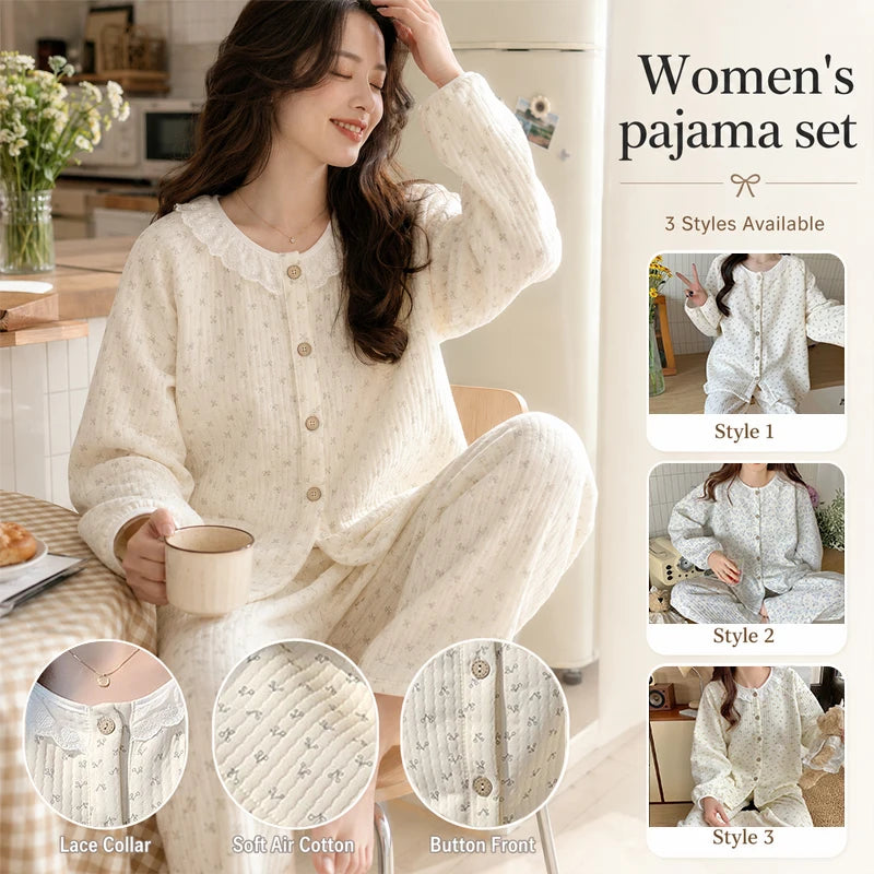 Women’s Floral Cotton Pajama Set – Cute Lace Sleepwear with Long-Sleeve Top & Ankle-Length Pants for Spring & Autumn