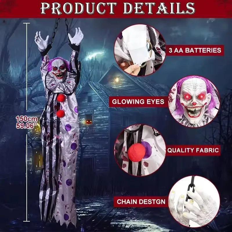 New Halloween Horror Home Decoration Hanging Clown Voice Control Electric Hanging Ghost Outdoor Garden Scary Haunted House Props